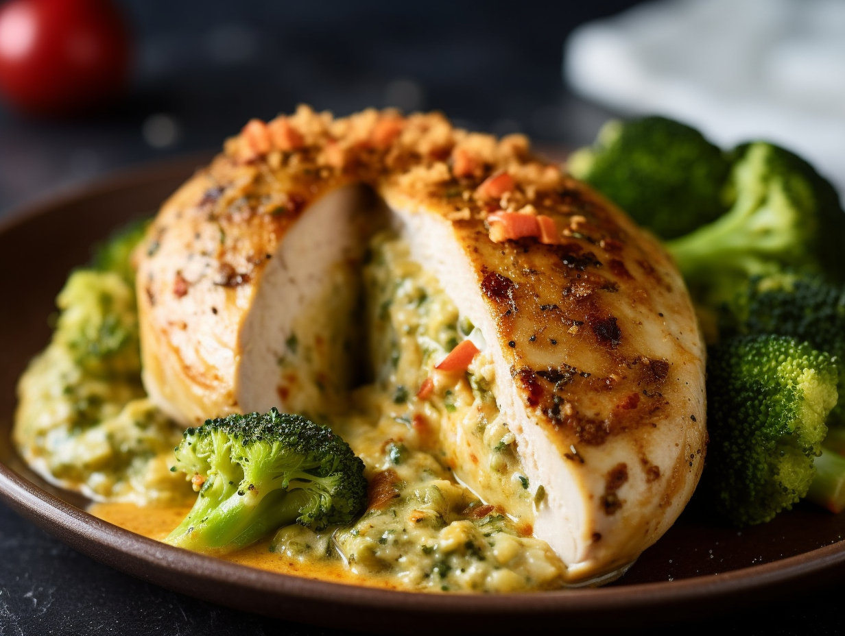 Juicy stuffed chicken breasts with melted cheese and colorful veggies
