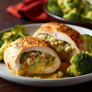 Chicken breasts stuffed with cheese and veggies on a plate