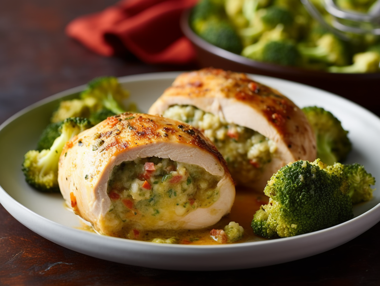 Chicken breasts stuffed with cheese and veggies on a plate