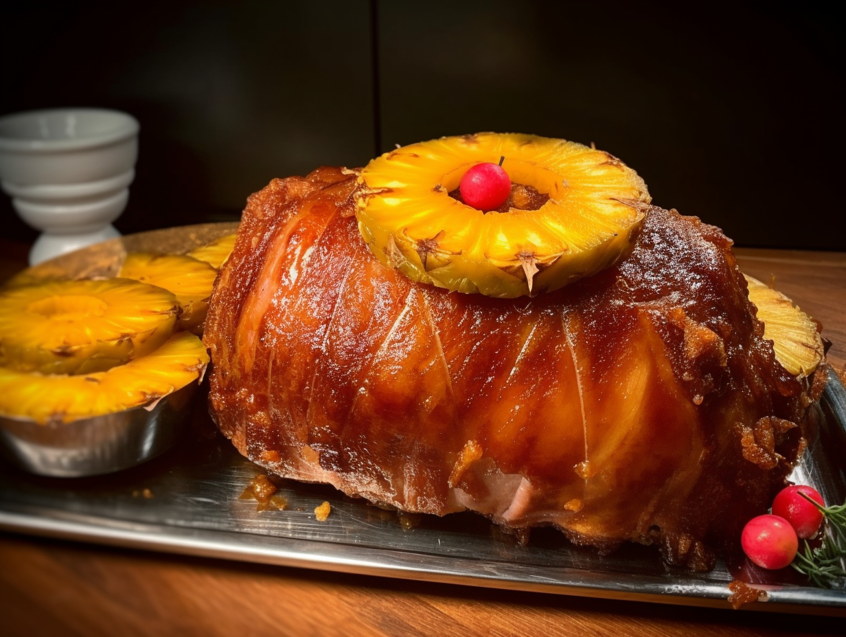 Brown Sugar Pineapple Baked Ham on a serving platter