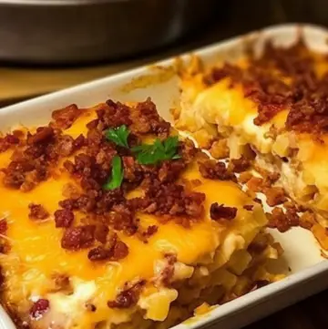 Layers of ground beef, garlic mashed potatoes, cheese, and bacon