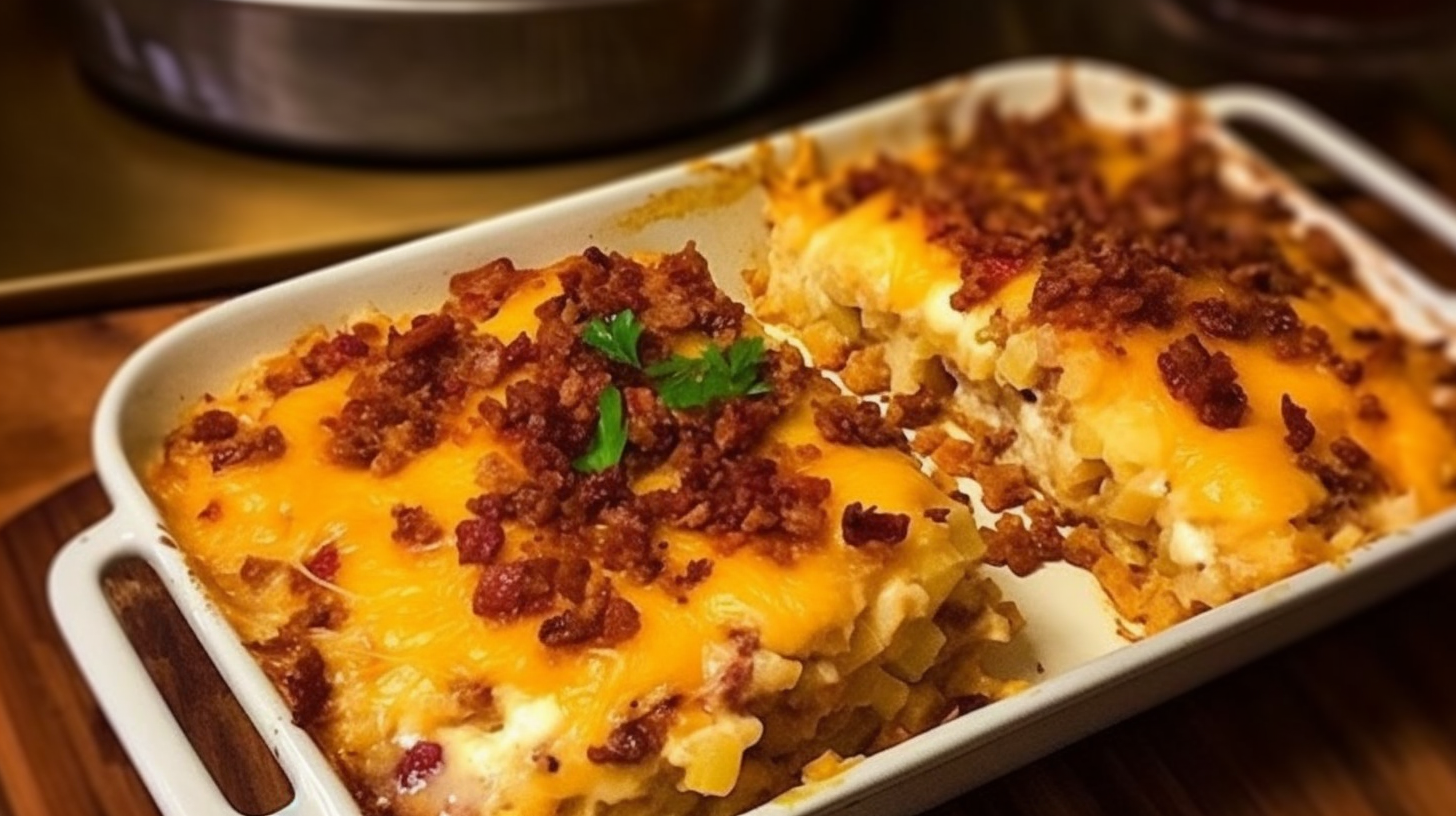 Layers of ground beef, garlic mashed potatoes, cheese, and bacon