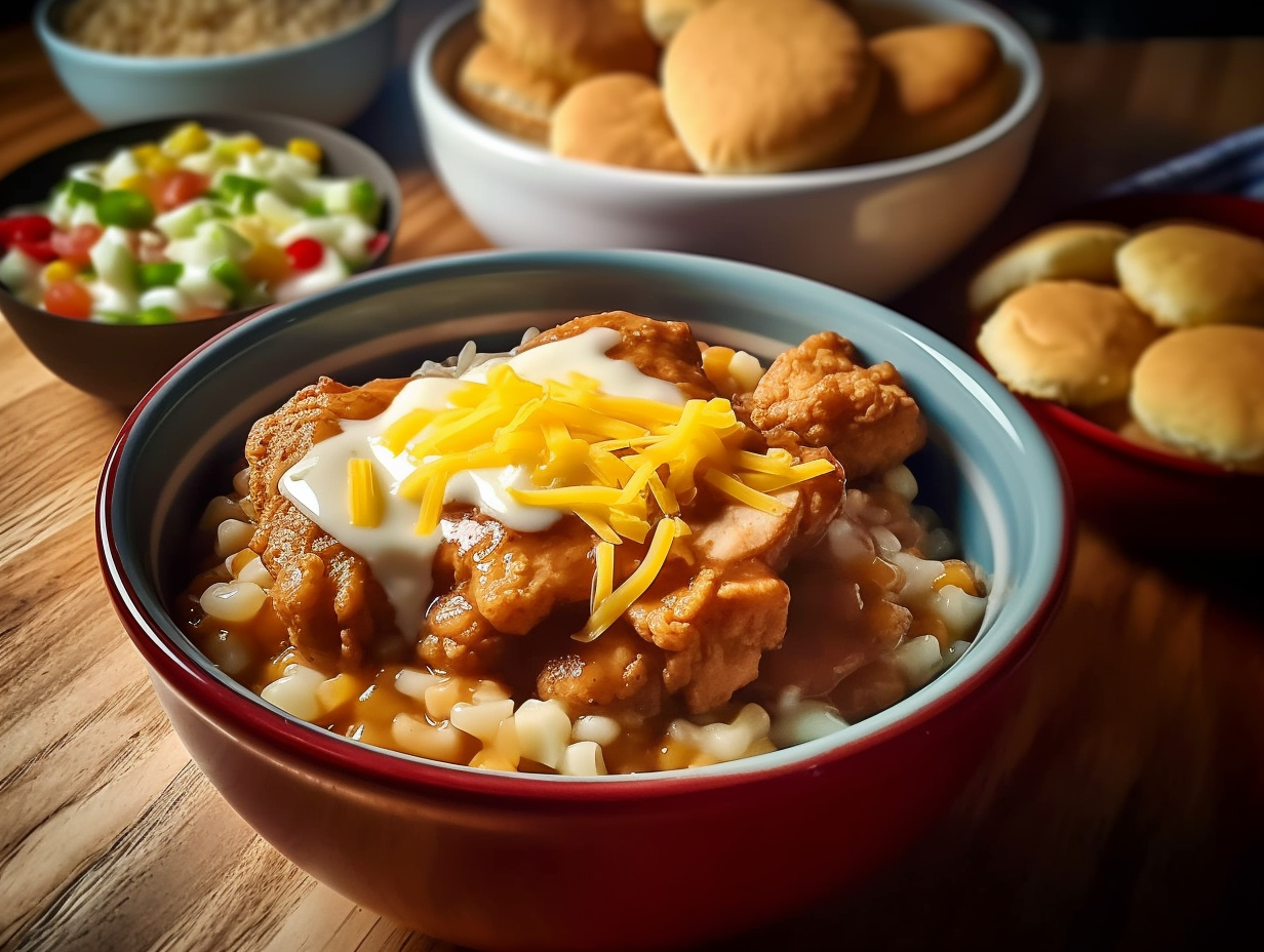 Copycat KFC Bowls with Mashed Potatoes, Popcorn Chicken, Corn, Beef Gravy, and Cheddar Cheese