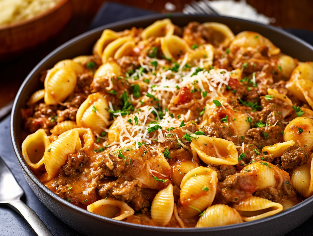 Hearty and Creamy Beef Pasta served in a large bowl