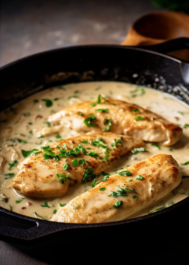 Delicious Creamy Garlic Chicken served with mashed potatoes