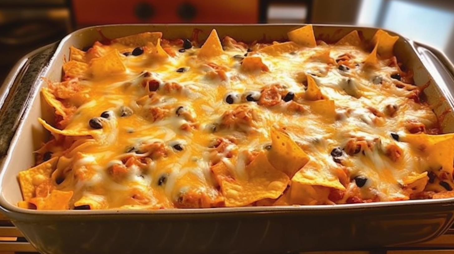 Layers of chicken, Doritos, and melted cheese