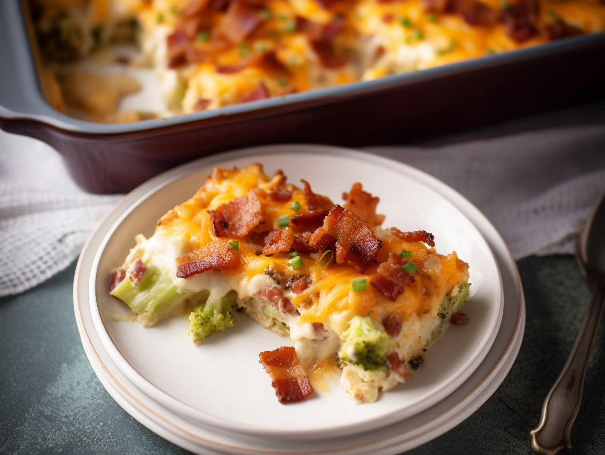 Freshly baked Cheesy Chicken Broccoli Casserole with crispy bacon topping