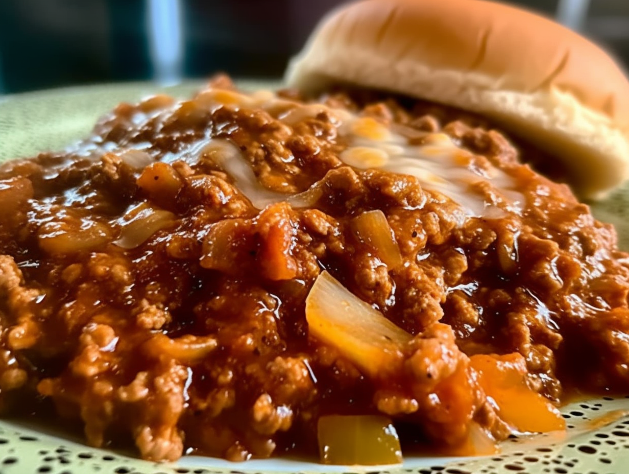 Close-up of a Sloppy Joe sandwich with melted cheese