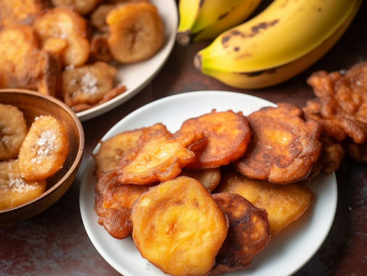 Close-up of golden crispy banana fritters on a plate