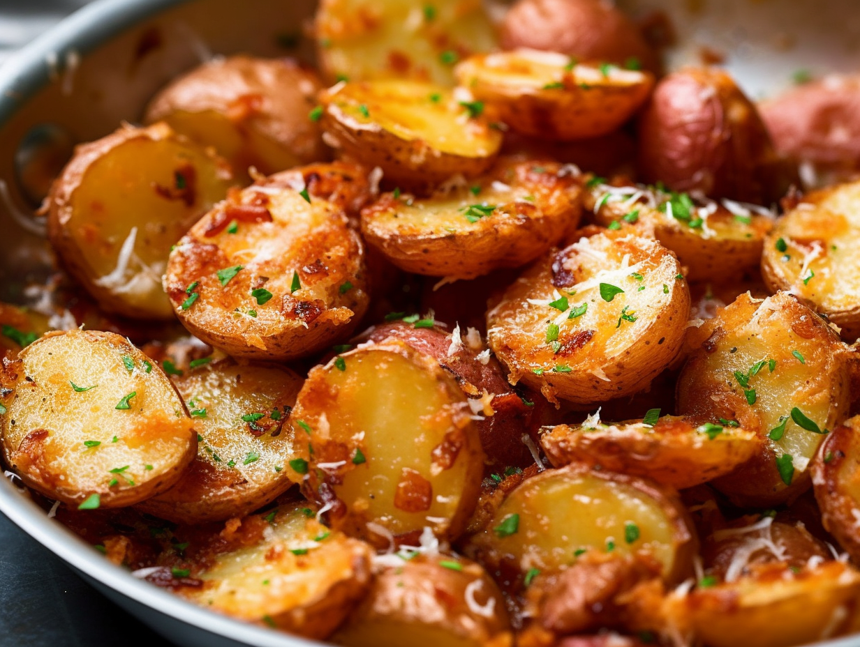 Delicious Roasted Garlic Parmesan Potatoes on a plate