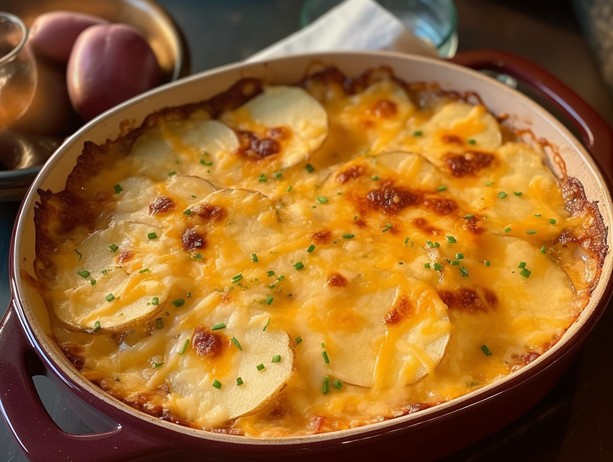 Creamy cheddar scalloped potatoes with layers of tender potatoes and onions