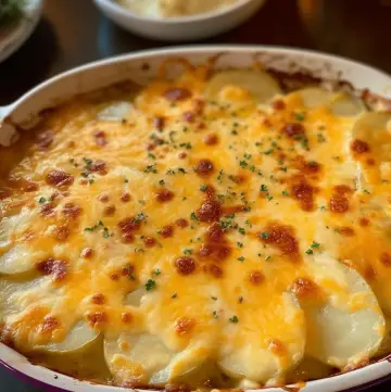 Golden-brown cheesy scalloped potatoes fresh from the oven