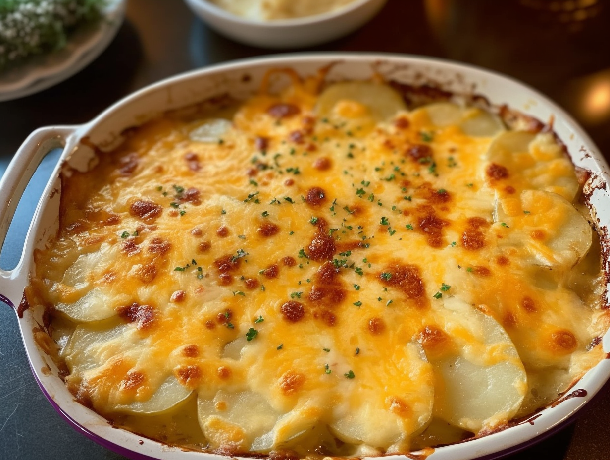 Golden-brown cheesy scalloped potatoes fresh from the oven
