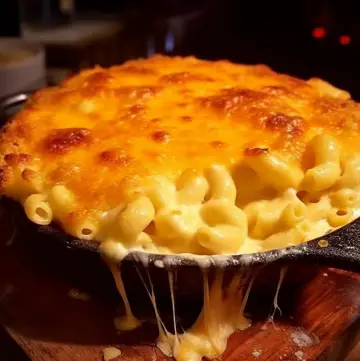 Golden and crispy macaroni and cheese dish straight out of the oven