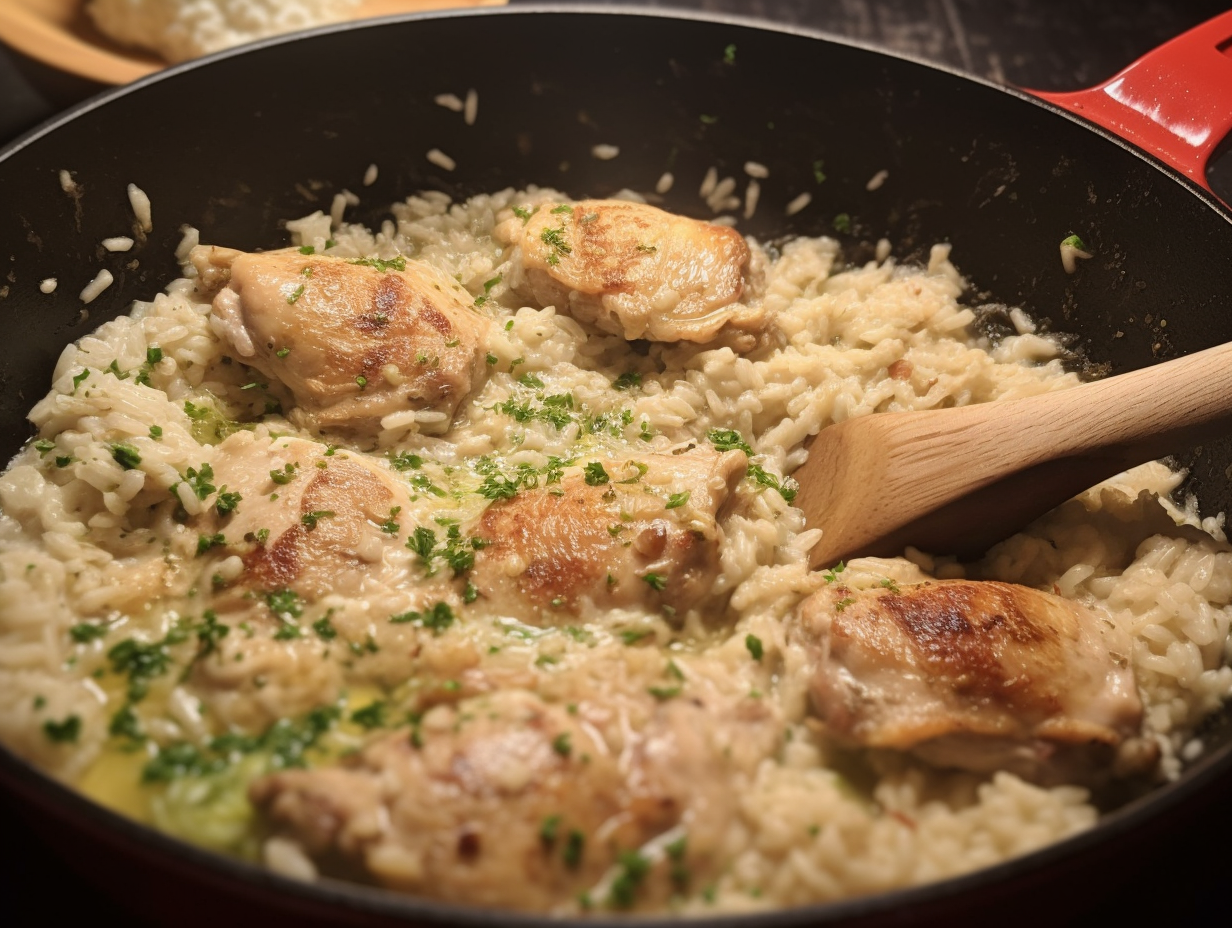 Finished One-Pot Garlic Parmesan Chicken and Rice garnished with fresh parsley