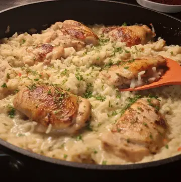 Cubed chicken browning in a skillet for One-Pot Garlic Parmesan Chicken and Rice