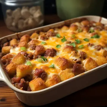 Cheesy breakfast casserole with crispy tater tots and juicy sausage