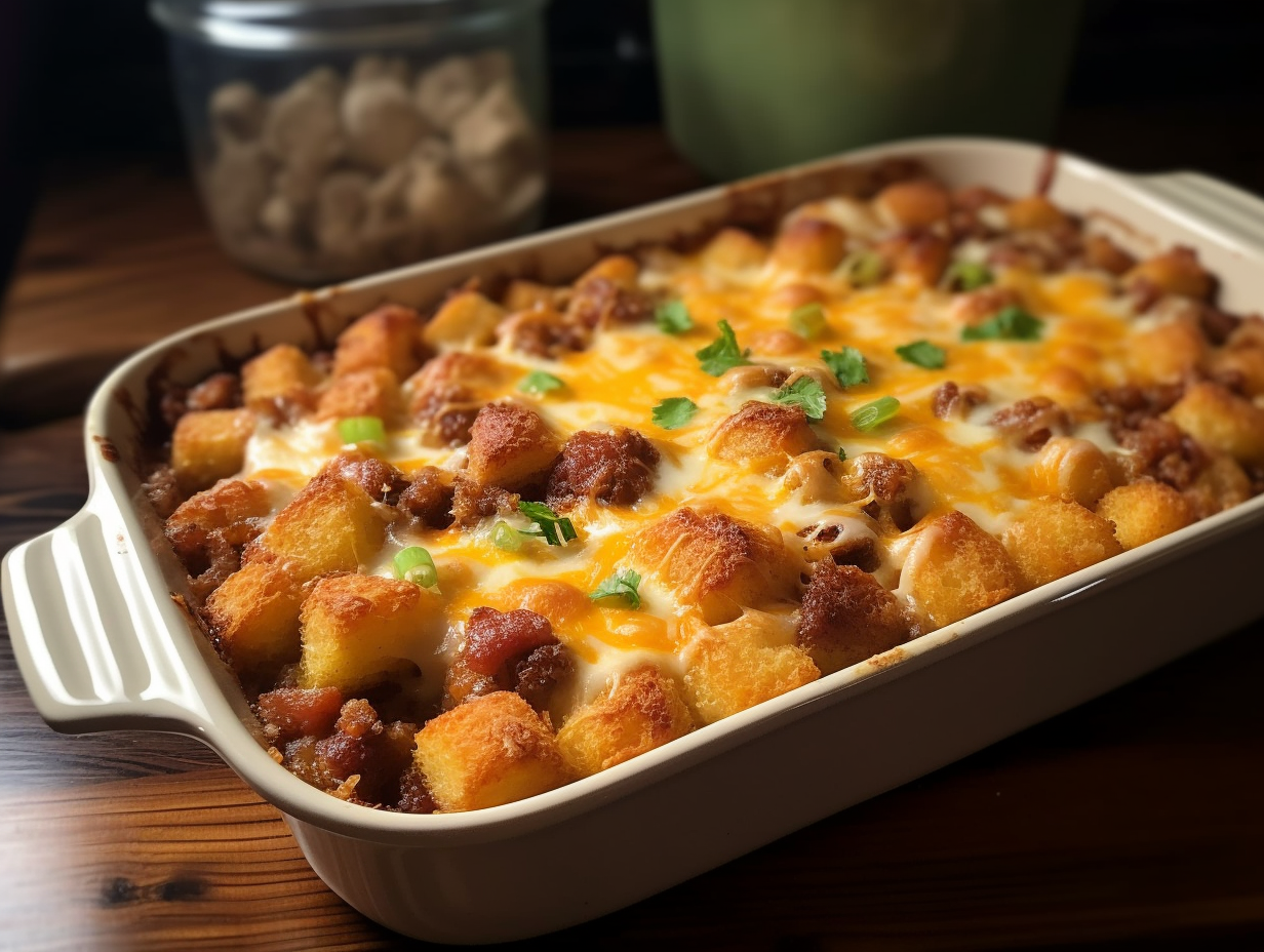Cheesy breakfast casserole with crispy tater tots and juicy sausage