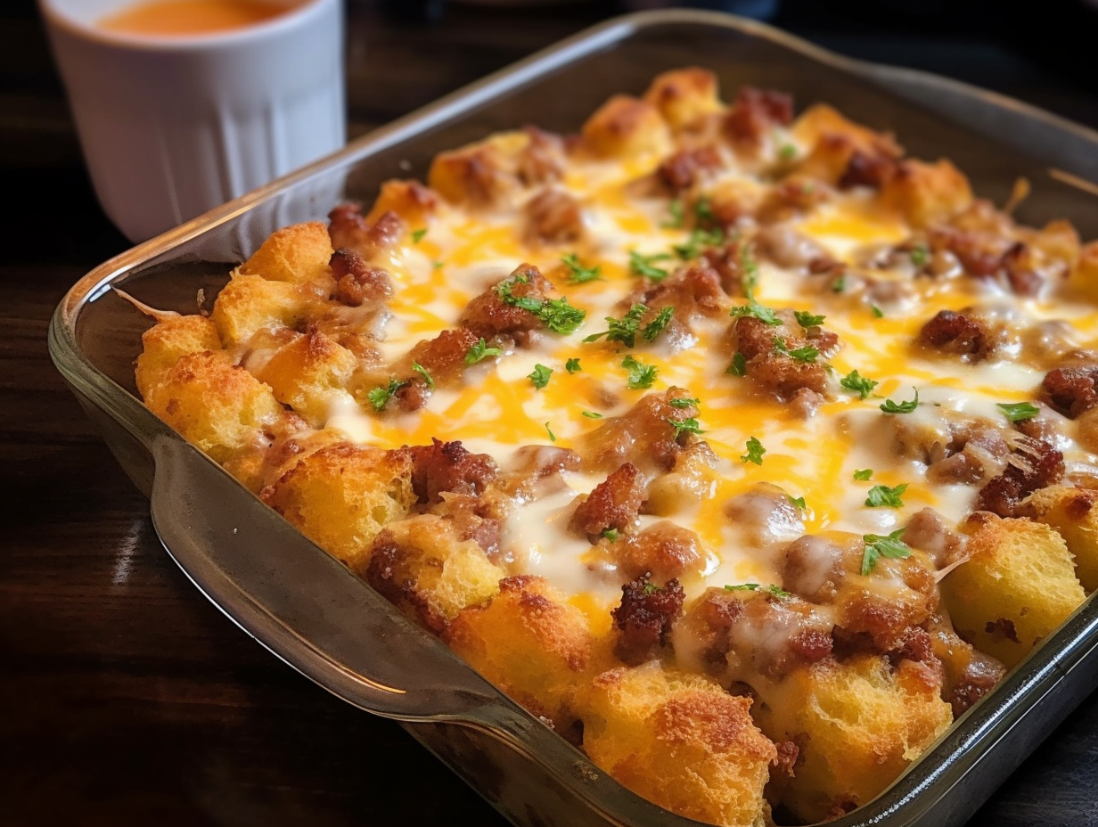 Tempting sausage tater tot casserole fresh from the oven