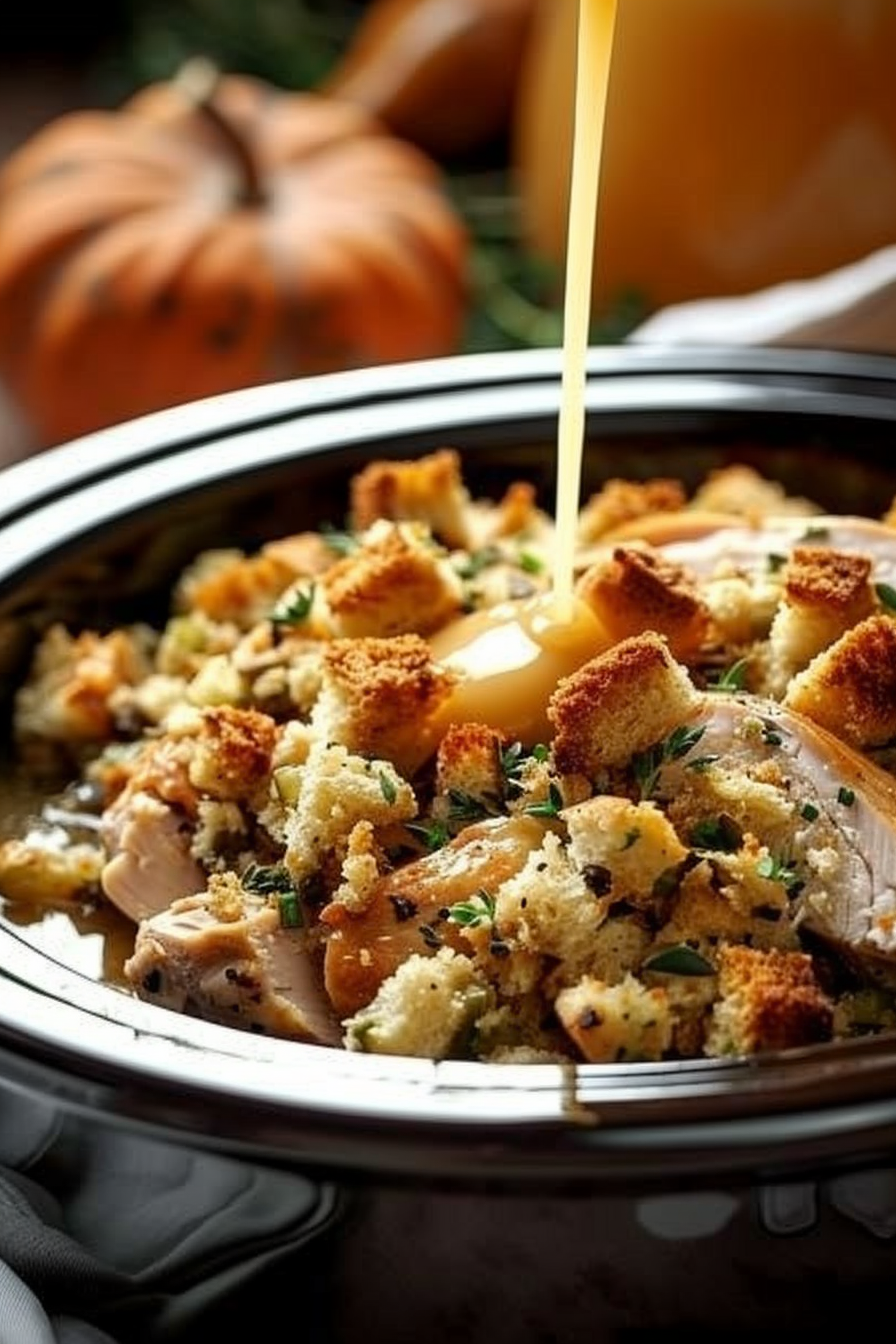 Easy crockpot chicken meal with delicious stuffing