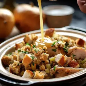 Juicy slow cooker chicken topped with savory stuffing