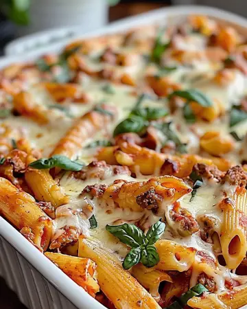 Hearty serving of Baked Mostaccioli topped with basil