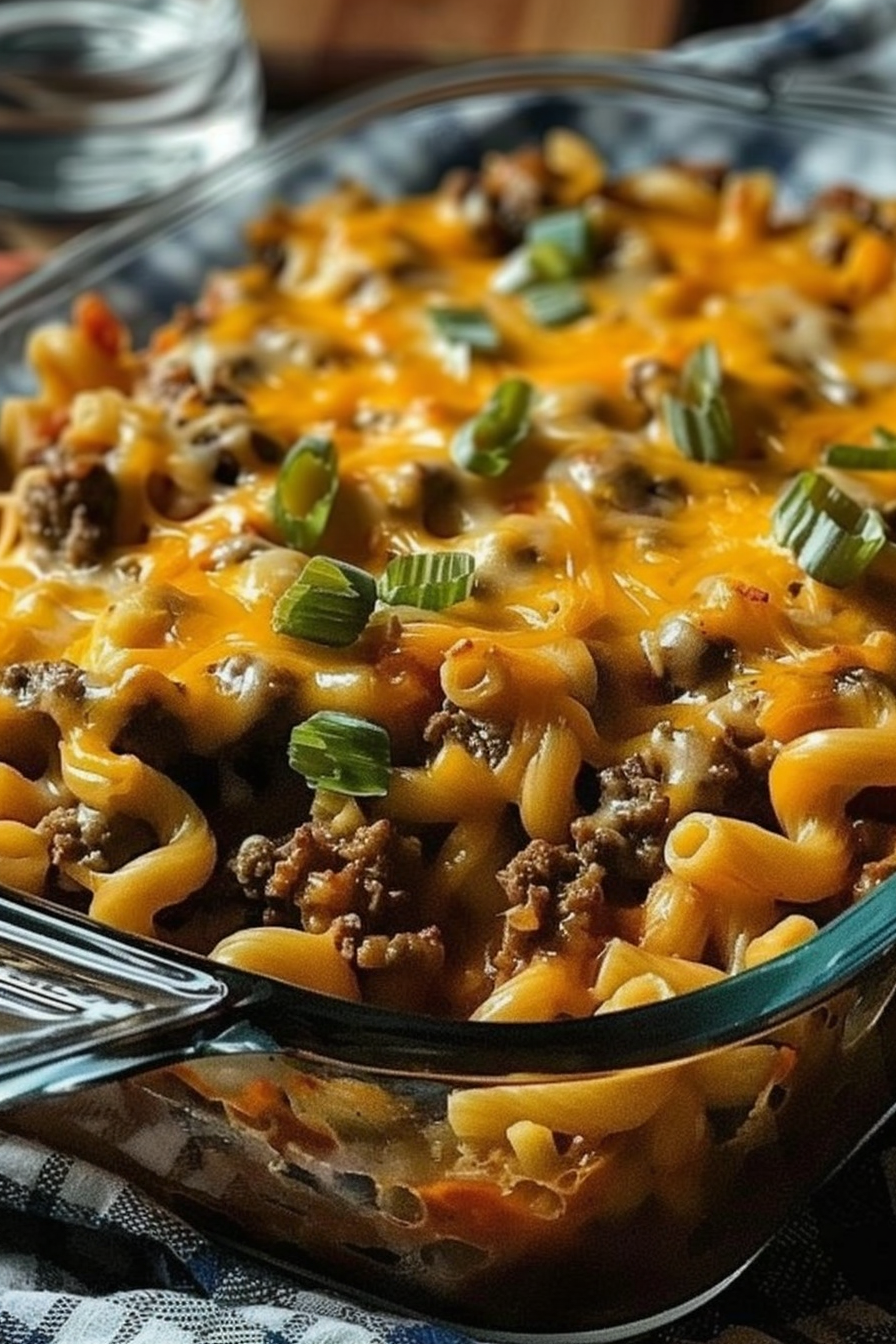 Hearty hamburger casserole fresh out of the oven.