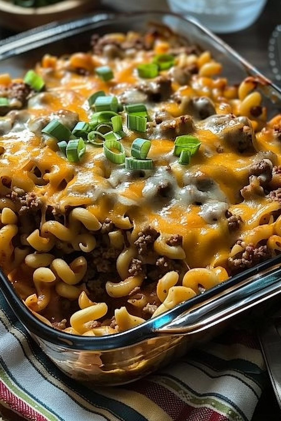 Bubbling beef and pasta casserole with melted cheese topping.