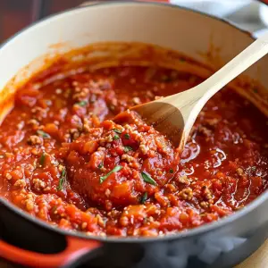 Simmering pot of rich homemade spaghetti sauce.