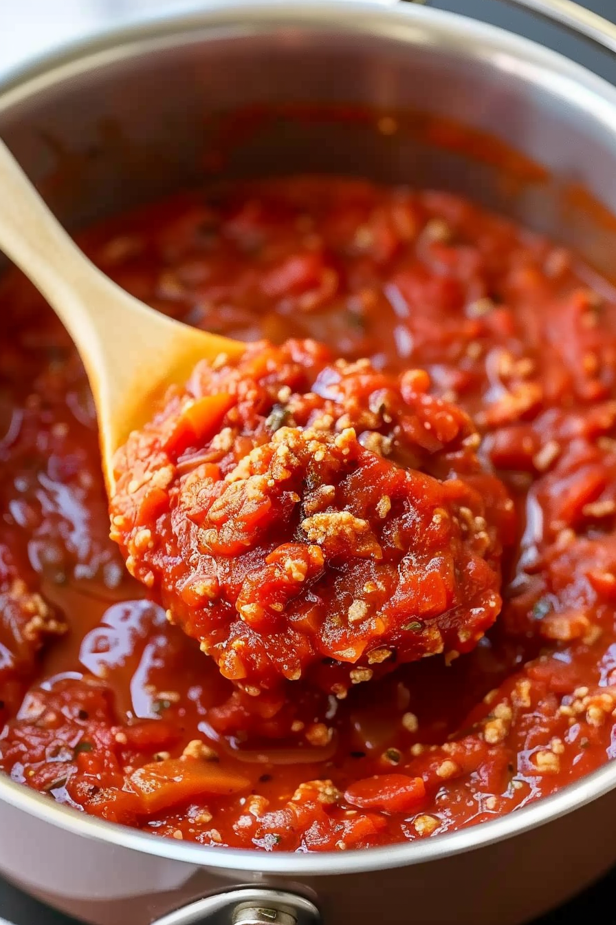 Hearty traditional spaghetti sauce ready to serve.