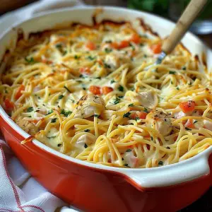 Hearty chicken spaghetti casserole fresh from the oven.