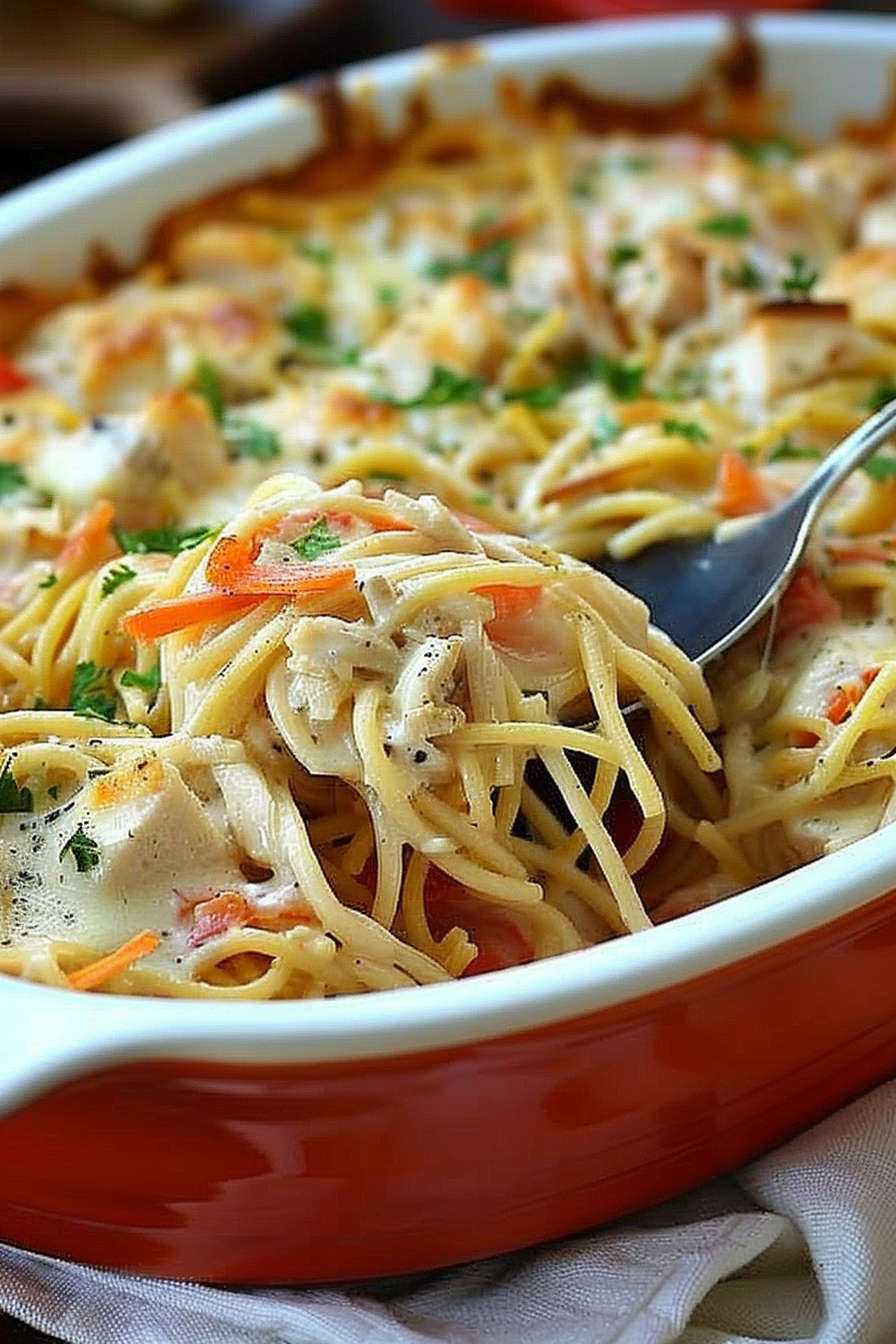 Baked creamy chicken pasta casserole with a cheese topping.