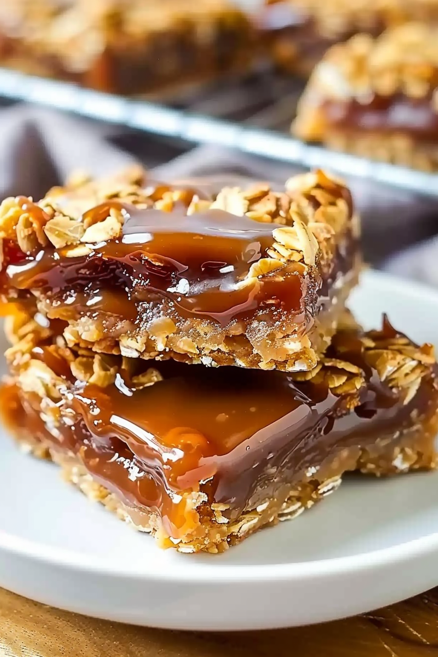 Gooey oatmeal caramel bars ready to be served.