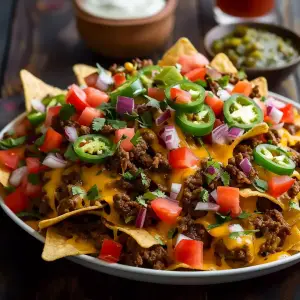 Epic beef nachos supreme with melted cheese and fresh toppings.