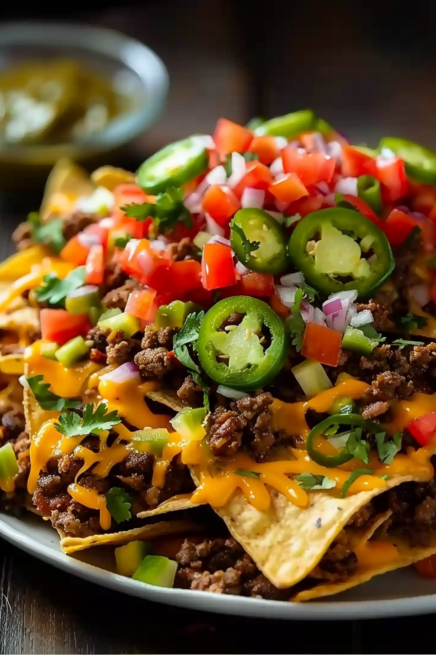 Loaded beef nachos ready to serve for game day.