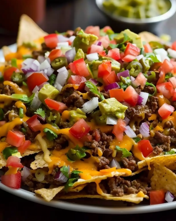 Epic beef nachos supreme with melted cheese and fresh toppings.