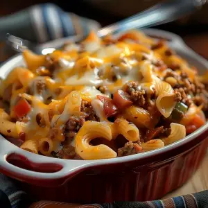 Slow cooker filled with John Wayne Casserole bubbling with cheese