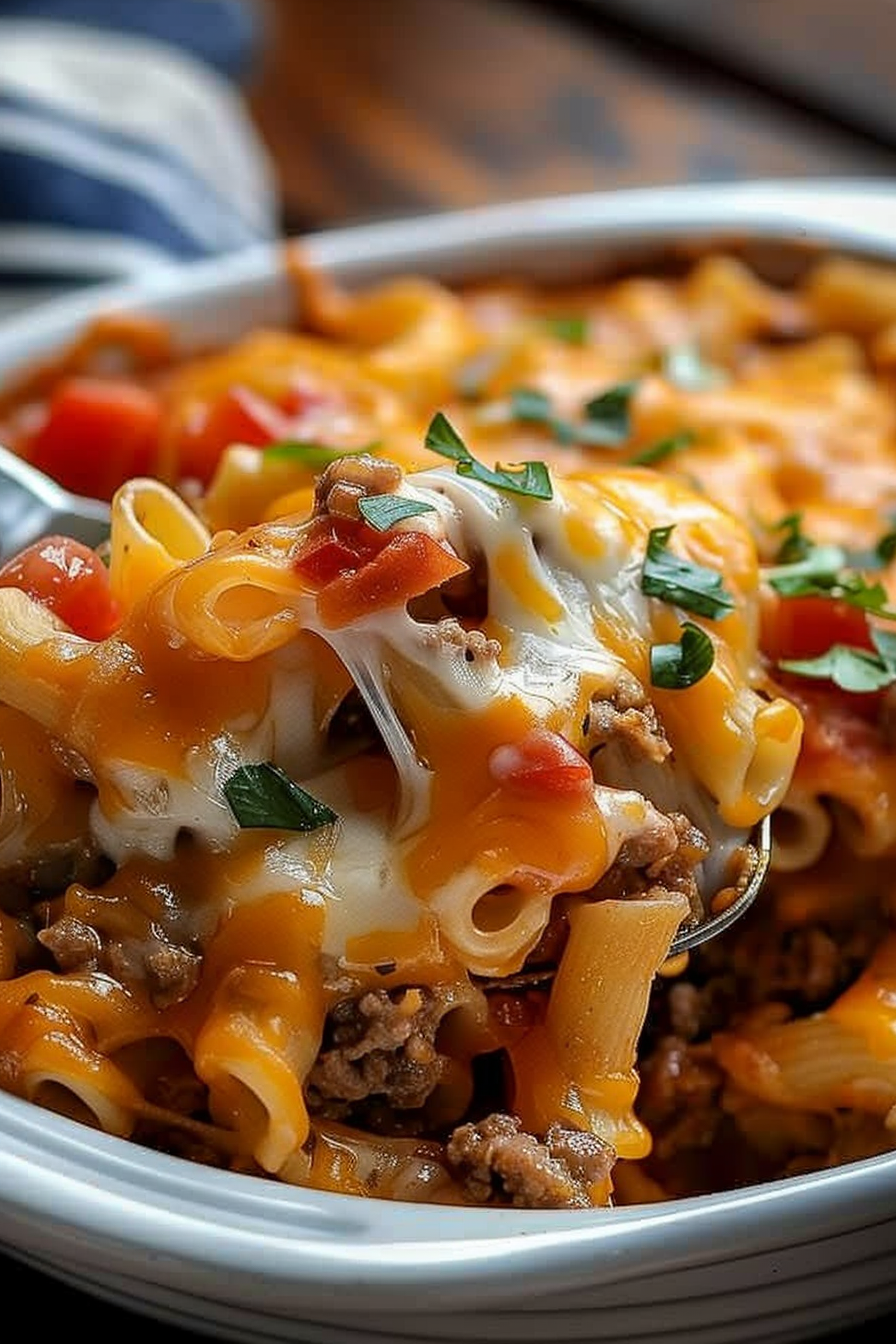 Slow cooker filled with John Wayne Casserole bubbling with cheese