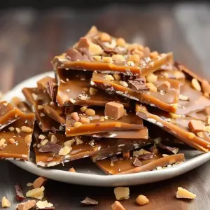 Golden homemade toffee slab with chocolate layer.