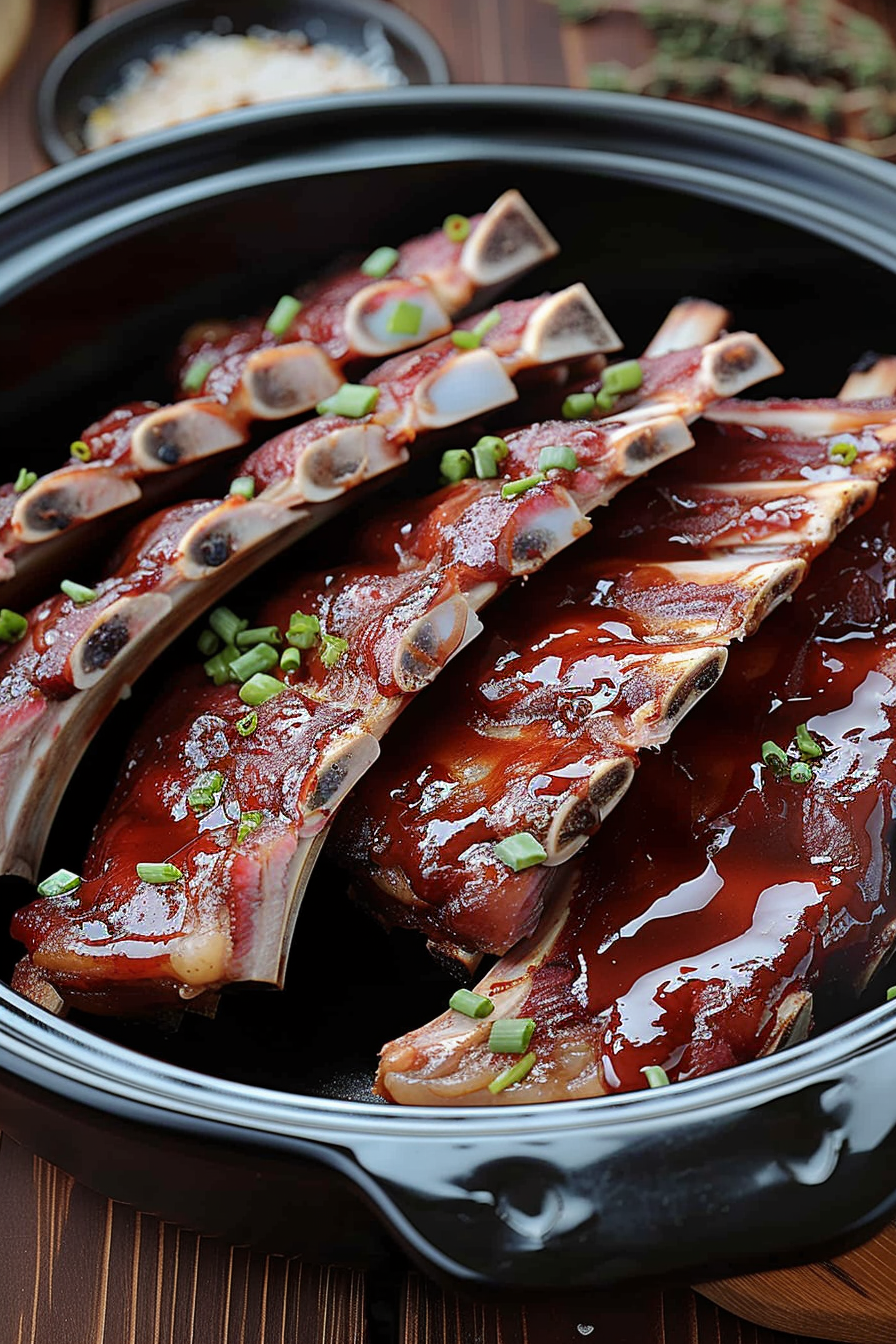 Slow cooker filled with root beer BBQ pork ribs