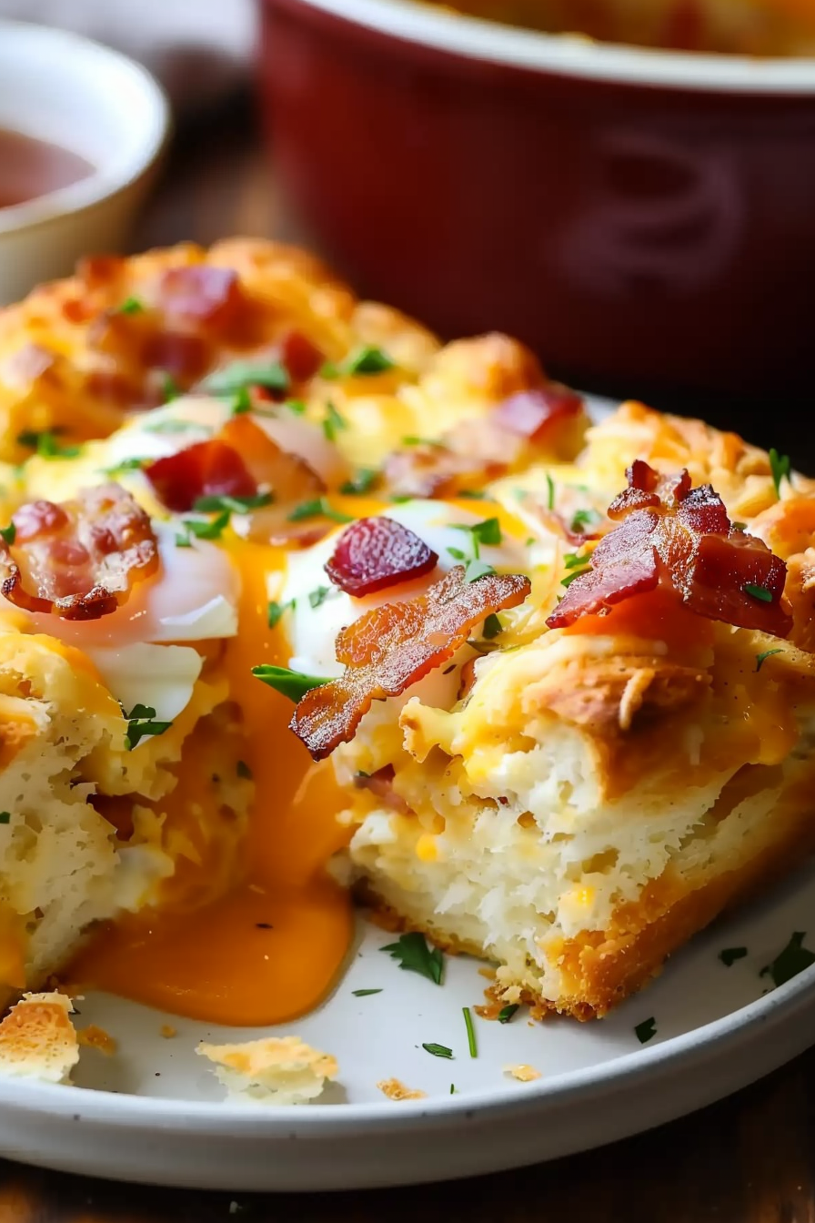 Savory breakfast biscuit casserole fresh from the oven.