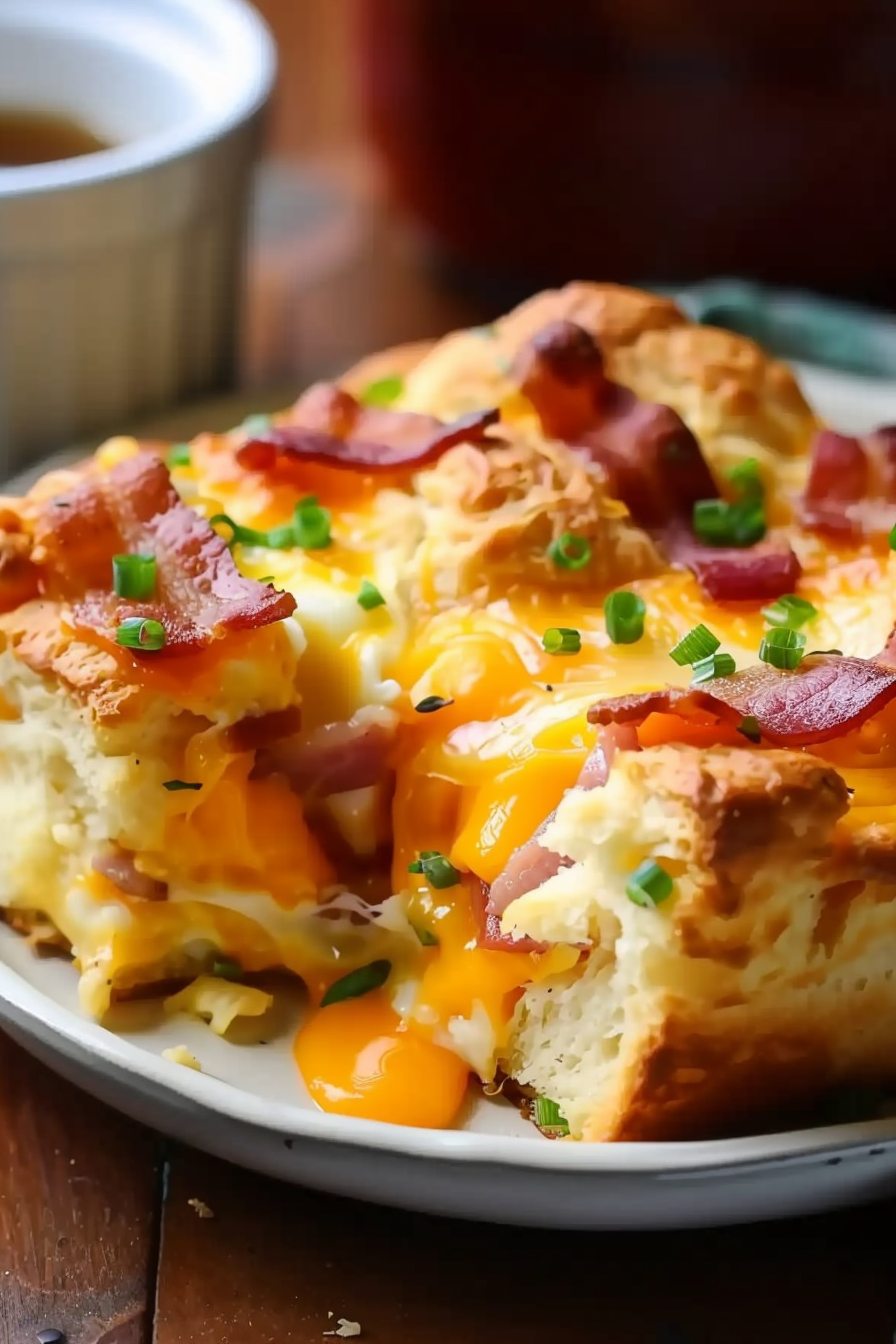 Warm Bacon Egg and Cheese Biscuit Bake ready to enjoy.