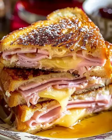 Golden-brown Monte Cristo sandwich on a plate