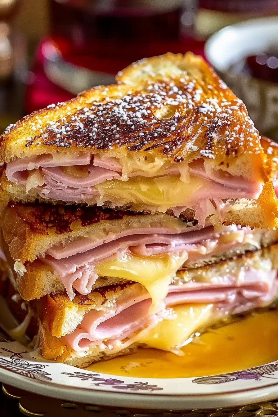 Golden-brown Monte Cristo sandwich on a plate