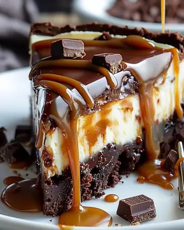 Caramel drizzled over a creamy brownie cheesecake