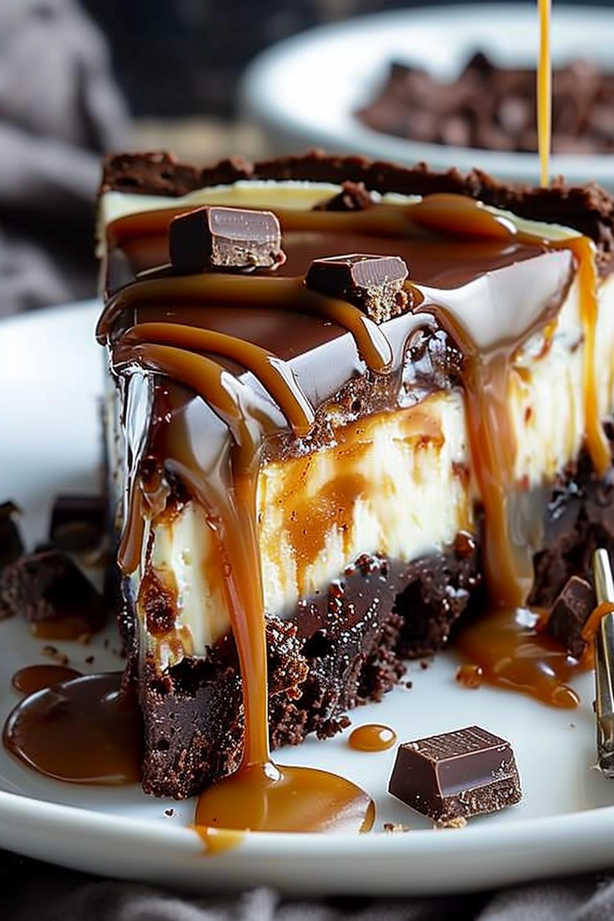 Caramel drizzled over a creamy brownie cheesecake