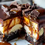 Sliced Caramel Brownie Cheesecake on a plate