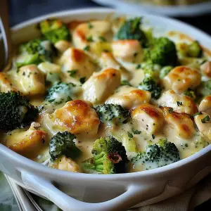 Oven-ready Broccoli Chicken Divan in a baking dish