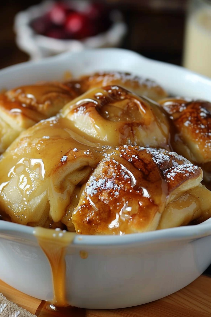 Apple dumplings served with a drizzle of cinnamon sugar sauce