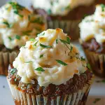 Close-up of meatloaf cupcakes with whipped potato topping